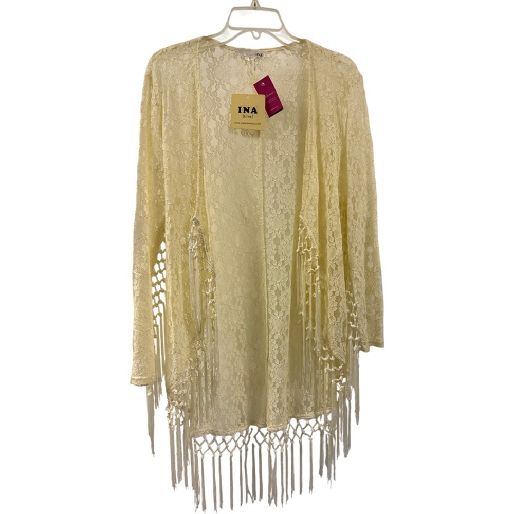 Lace Long Sleeve Kimono Women's Size L Ivory‎ with Fringe